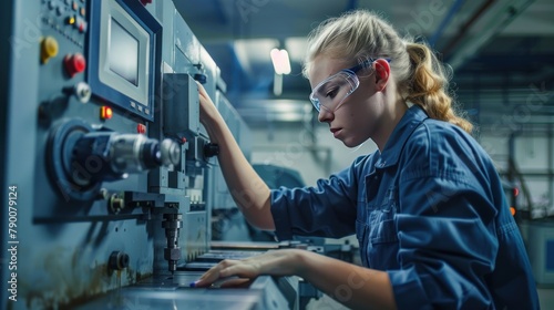 Programming a CNC machine by a female engineer in a factory