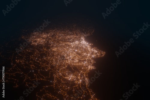 Aerial view on Trondheim (Norway) from east. Top view on modern city at night from space photo