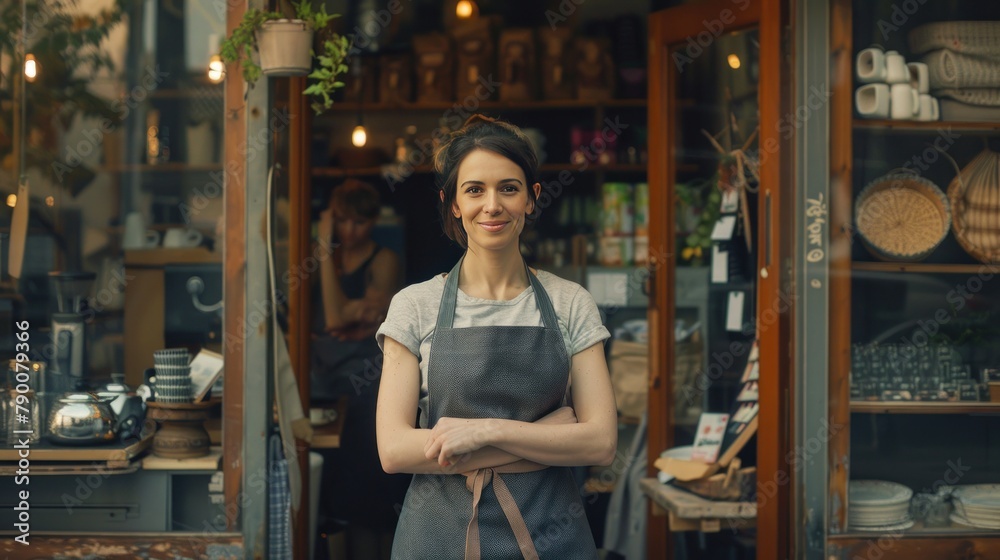 The portrait shows a woman standing at the door of her shop, a cheerful adult waiting for customers at a coffee shop, and a successful small business owner wearing a gray apron