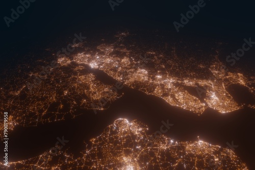 Aerial view on Southampton and Portsmouth (United Kingdom) from south. Top view on modern city at night from satellite