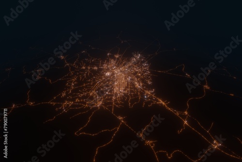 Aerial view on Yamoussoukro (Ivory Coast) from south. Top view on modern city at night from space photo