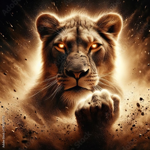 Majestic Lion’s Intense Stare Amidst a Golden Mystical Dust Explosion in the Wild Jungle