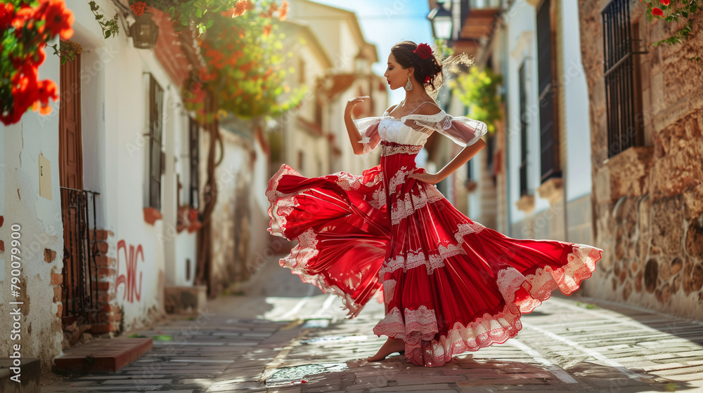 Fototapeta premium flamenco dancer in spain. Flamenco Dancer red dress dancing shoes. Pair of female flamenco dancers performing a choreography outdoors. Beautiful teenage woman dancing flamenco. She wears a red dress. 