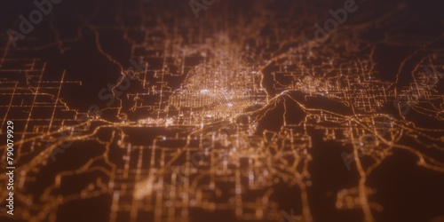 Street lights map of Yakima (Washington, USA) with tilt-shift effect, view from east. Imitation of macro shot with blurred background. 3d render, selective focus photo