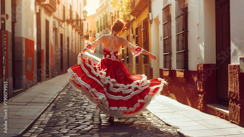 flamenco dancer in spain. Flamenco Dancer red dress dancing shoes. Pair of female flamenco dancers performing a choreography outdoors. Beautiful teenage woman dancing flamenco. She wears a red dress. 