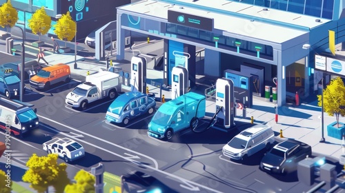 A bustling hydrogen fueling station, where vehicles of all shapes and sizes are being refueled with clean, renewable energy. photo