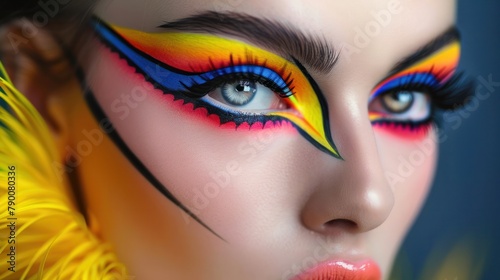 A captivating portrait of a woman with bold, graphic makeup, her eyes accentuated with a touch of neon eyeliner.