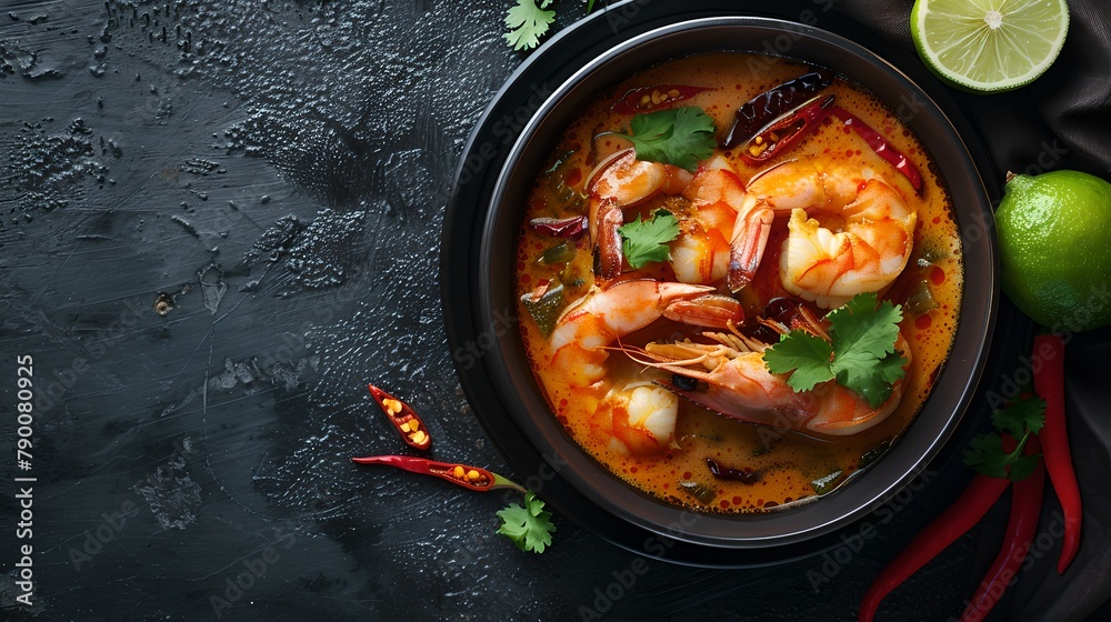 Authentic Spicy Shrimp Soup in a Dark Bowl. Fresh Seafood Dish with Herbs. Asian Cuisine Concept with Copy Space. Top View on Dark Background. AI Authentic Spicy Shrimp Soup in a Dark Bowl. Fresh Seafood Dish with Herbs. Asian Cuisine Concept with Copy Space. Top View on Dark Background. AI