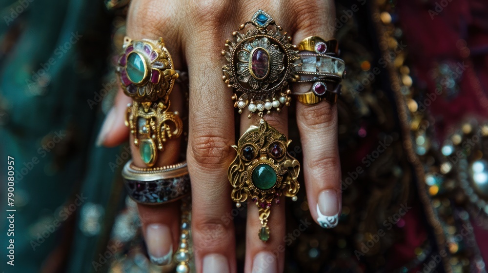 hand adorned with delicate jewelry, each piece showcasing exquisite craftsmanship and precious gemstones