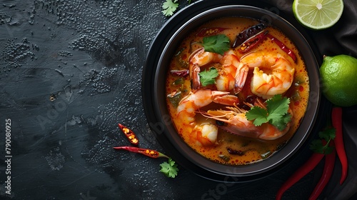 Authentic Spicy Shrimp Soup in a Dark Bowl. Fresh Seafood Dish with Herbs. Asian Cuisine Concept with Copy Space. Top View on Dark Background. AI