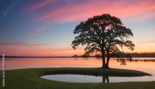 Tranquil scene  Solitary tree on a tiny island in a lake at dusk