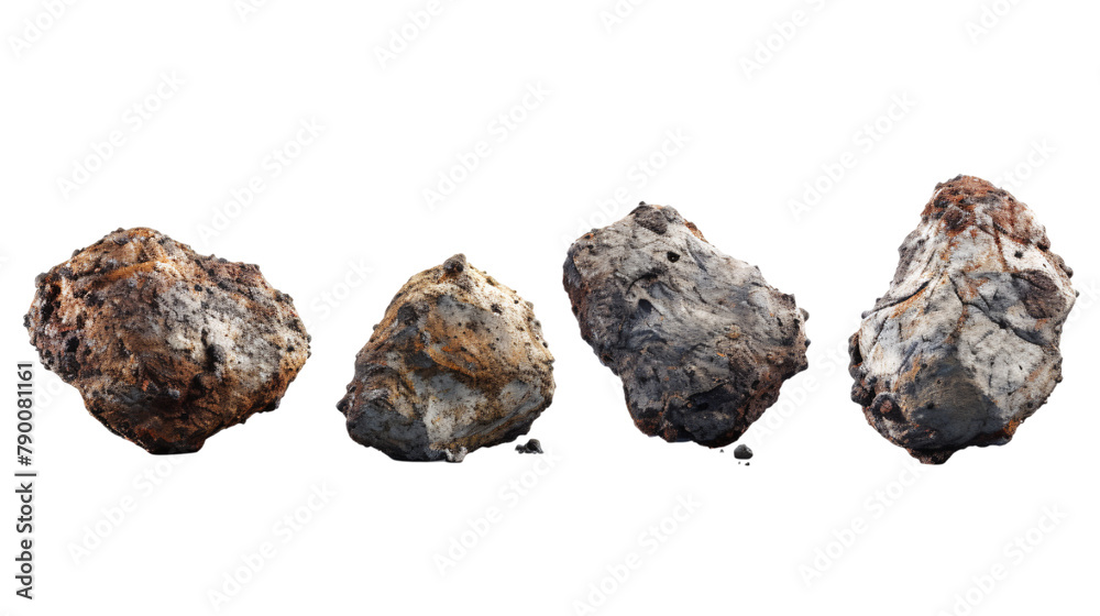 Four different big asteroid rocks placed horizontally on an isolated background Four different big asteroid rocks placed horizontally on an isolated background