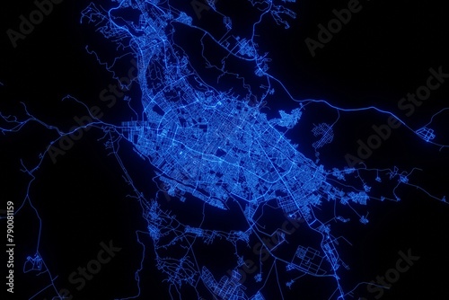 Street map of Shiraz (Iran) made with blue illumination and glow effect. Top view on roads network