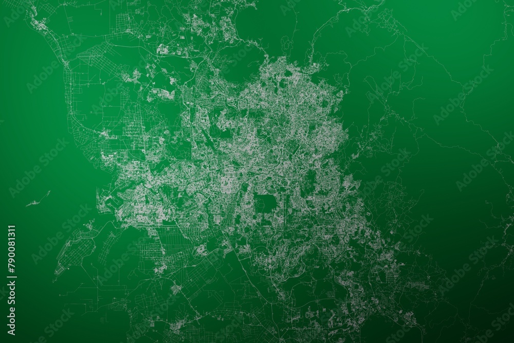 Map of the streets of Kuala Lumpur (Malaysia) made with white lines on abstract green background lit by two lights. Top view. 3d render, illustration Map of the streets of Kuala Lumpur (Malaysia) made with white lines on abstract green background lit by two lights. Top view. 3d render, illustration