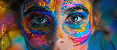 A close-up of a woman s face with bright colorful face paint.