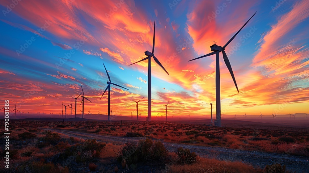 Obraz premium Wind Turbines at Sunset with Radiant Skies
