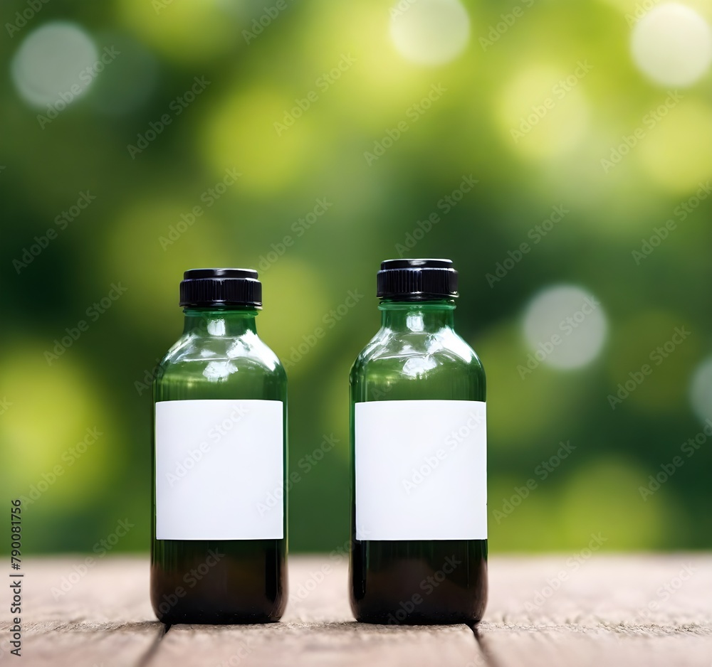 Green Glass Bottles with White Labels on Wood Table