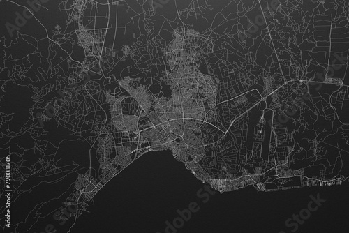 Street map of Antalya (Turkey) on black paper with light coming from top