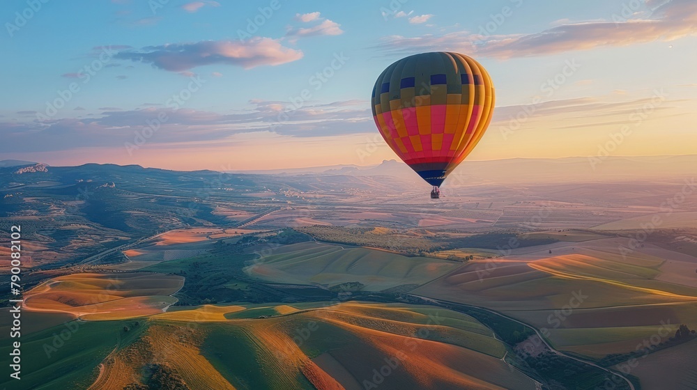 A colorful hot air balloon floating peacefully over picturesque countryside, offering a unique perspective on travel.