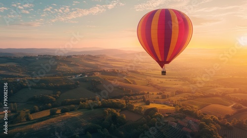 A colorful hot air balloon floating peacefully over picturesque countryside  offering a unique perspective on travel.