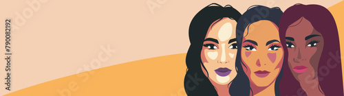 Vector flat horizontal banner in soft pastel colors for International Women's Day, women of different cultures. Vector concept of movement for gender equality and women's empowerment