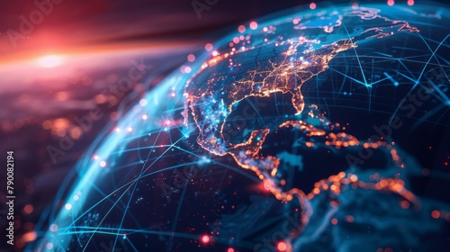 Digital world globe centered on USA, concept of global network and connectivity on Earth, data transfer and cyber technology, information exchange and international telecommunication #790082194