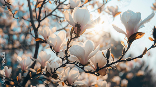 Blooming magnolia in the sun's rays