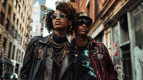 A dynamic street style photograph capturing the essence of urban fashion, with models sporting a mix of edgy, high-end, and thrifted pieces photo