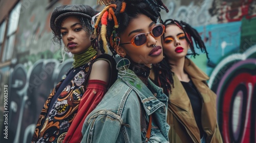 A dynamic street style photograph capturing the essence of urban fashion, with models sporting a mix of edgy, high-end, and thrifted pieces photo