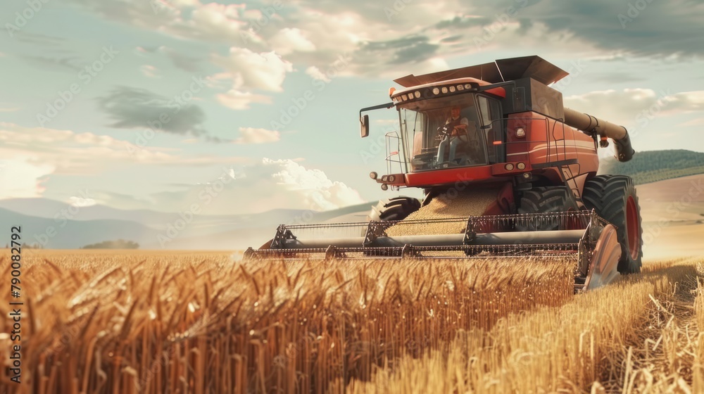 Fototapeta premium A farmer expertly operating a modern harvester, its automated systems efficiently collecting grains with minimal human intervention