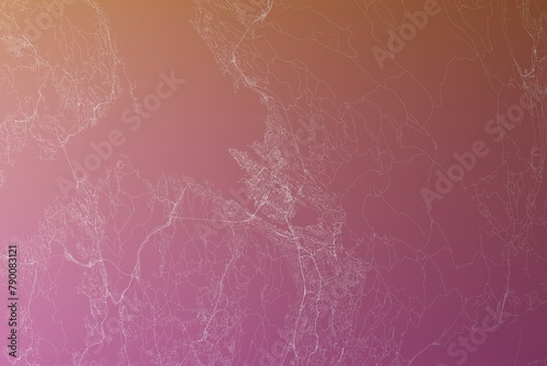 Map of the streets of Bergen (Norway) made with white lines on pinkish red gradient background. Top view. 3d render, illustration