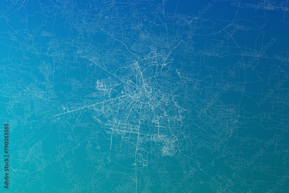 Map of the streets of Lviv (Ukraine) made with white lines on greenish blue gradient background. 3d render, illustration