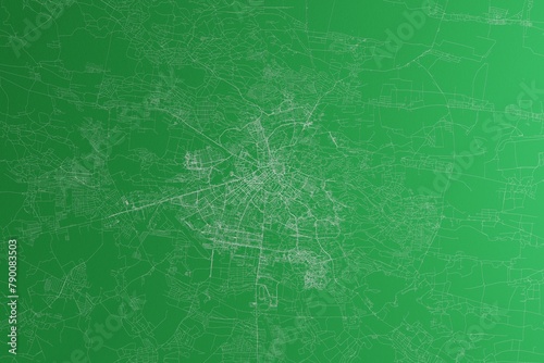 Map of the streets of Lviv (Ukraine) made with white lines on green paper. Rough background. 3d render, illustration
