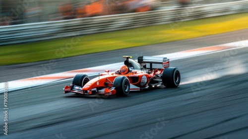 A Formula One race car speeding along a track, its engine a blur of power and precision