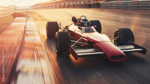 A Formula One race car speeding along a track, its engine a blur of power and precision photo