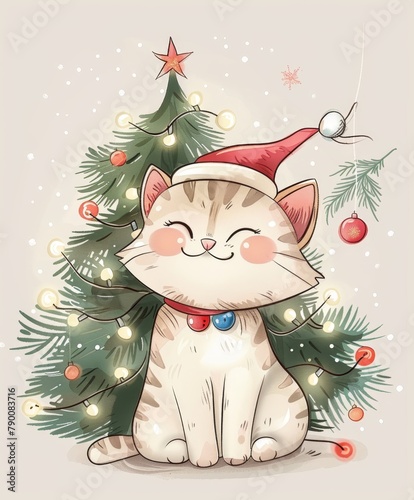 Christmas cute cat the background of a decorated New Year tree. art illustration © megavectors