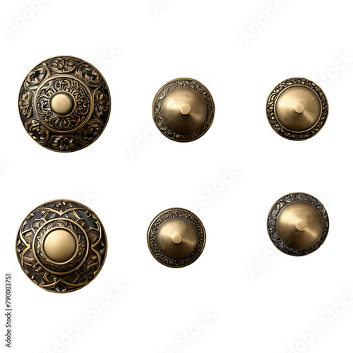 A set of antique brass door knobs with ornate designs Transparent Background Images 