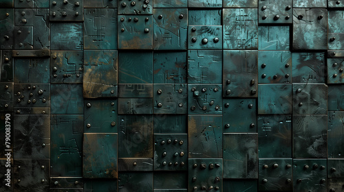 a black iron wall with squares on it, in the style of rustic futurism, dark turqoise and silver, industrial materials, simple shapes, realistic rendering, puzzle-like pieces  photo