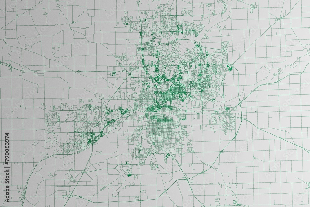 Map of the streets of Fort Wayne (Indiana, USA) made with green lines on white paper. 3d render, illustration