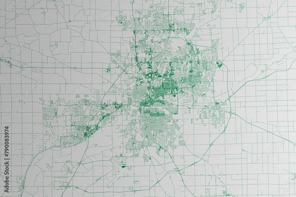 Fototapeta premium Map of the streets of Fort Wayne (Indiana, USA) made with green lines on white paper. 3d render, illustration