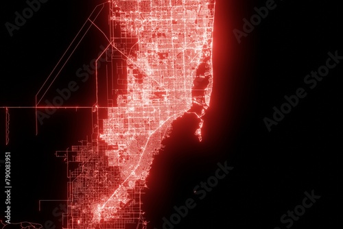 Street map of Miami (Florida, USA) made with red illumination and glow effect. Top view on roads network. 3d render, illustration