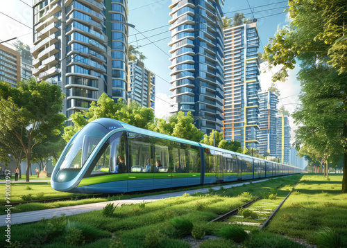 A light rail train with an exterior in shades of blue and green, passing through lush parklands along the city's streets.