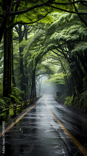 A road in the forest with dense trees around it