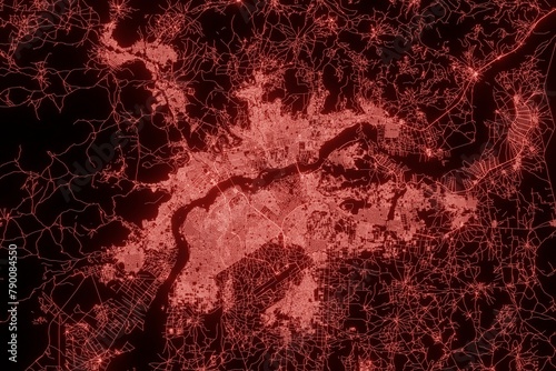 Street map of Bamako (Mali) made with red illumination and glow effect. Top view on roads network. 3d render, illustration photo