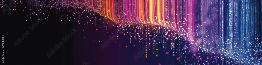 Big data analysis abstract background featuring a cascading color gradient, resembling a digital waterfall of data, symbolizing the flow and convergence of diverse information streams.