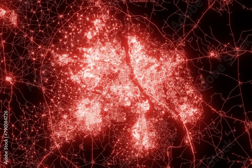 Street map of New Delhi (India) made with red illumination and glow effect. Top view on roads network. 3d render, illustration