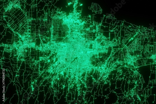 Map of the streets of Medan (Indonesia) made with green illumination and glow effect. Top view on roads network. 3d render, illustration