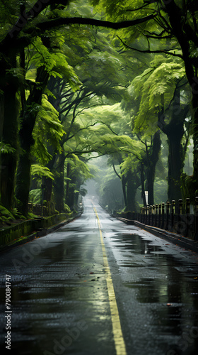 A road in the forest with dense trees around it