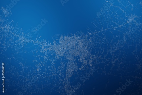 Stylized map of the streets of Semarang (Indonesia) made with white lines on abstract blue background lit by two lights. Top view. 3d render, illustration