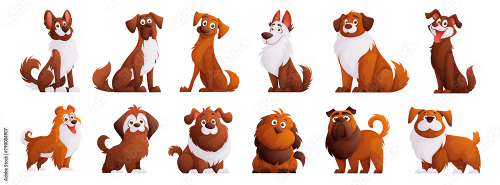 Obraz premium Cute brown dogs vector set. Cartoon characters of dogs or puppies create a collection with different breeds. Set of funny pets.
